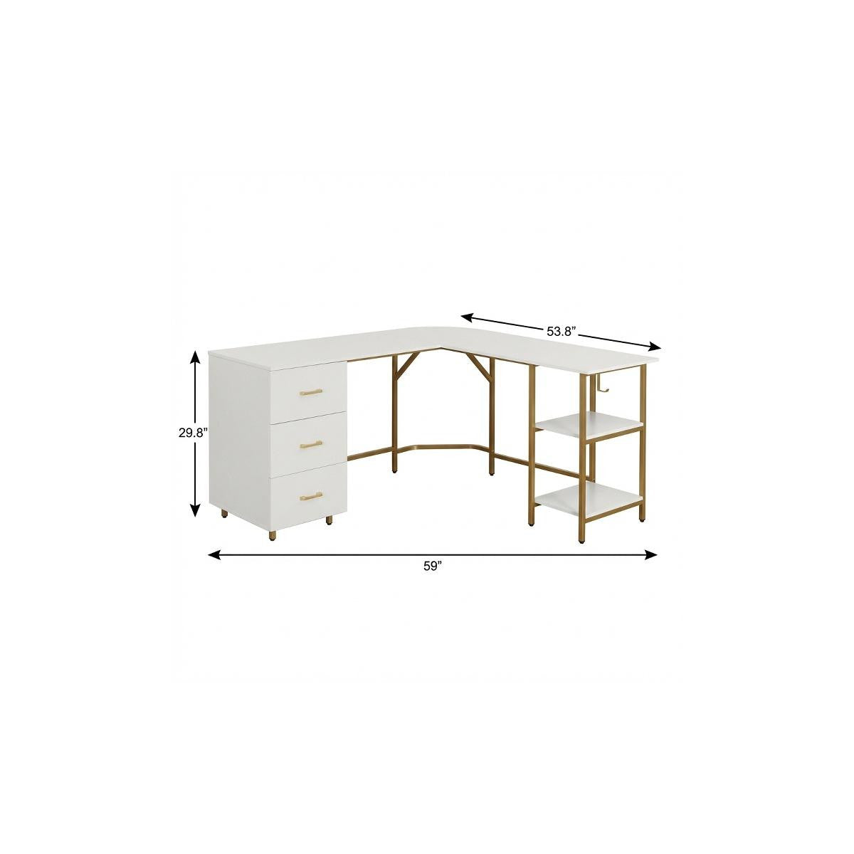 59" Gold Wood and Stainless Steel L Shape Computer Desk With Three Drawers