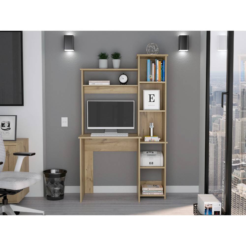 40" Executive Compact Desk | Natural Oak & Integrated Hutch