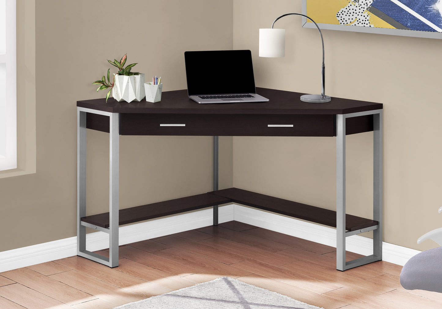 42" Executive Corner Desk | Dark Brown & Silver