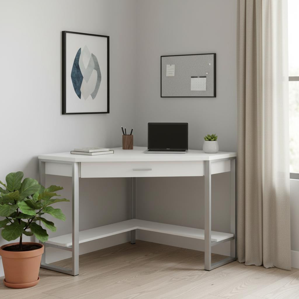 42" Executive Corner Desk | White & Silver