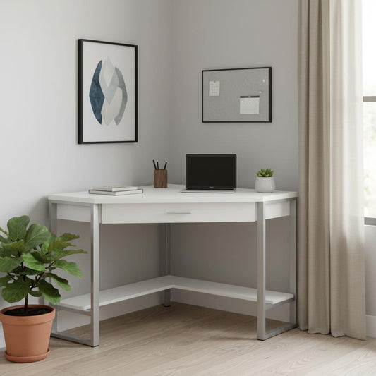 42" White & Silver Corner Computer Desk