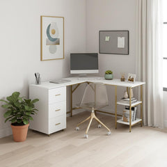 59" Executive L-Shaped Desk | Gold & Stainless Steel