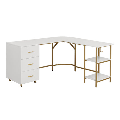 59" Gold Wood and Stainless Steel L Shape Computer Desk With Three Drawers