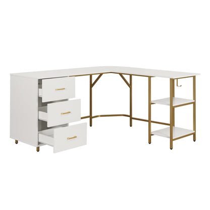 59" Gold Wood and Stainless Steel L Shape Computer Desk With Three Drawers