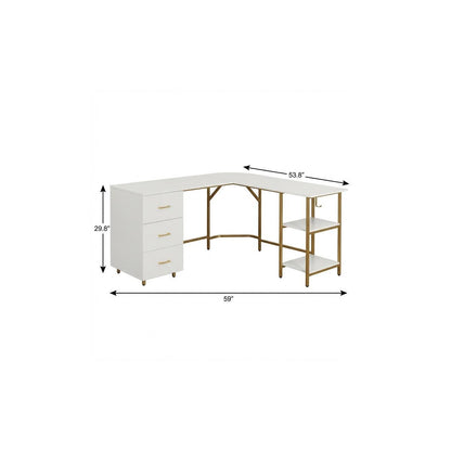59" Gold Wood and Stainless Steel L Shape Computer Desk With Three Drawers