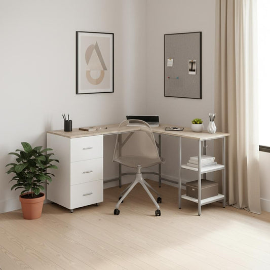 59" Sand Wood and Stainless Steel L Shape Computer Desk With Three Drawers