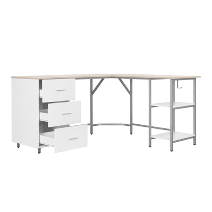 59" Sand Wood and Stainless Steel L Shape Computer Desk With Three Drawers