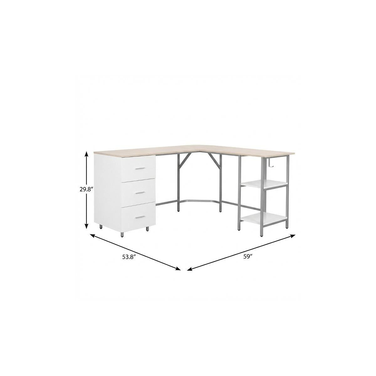 59" Sand Wood and Stainless Steel L Shape Computer Desk With Three Drawers