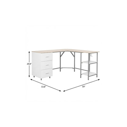 59" Sand Wood and Stainless Steel L Shape Computer Desk With Three Drawers