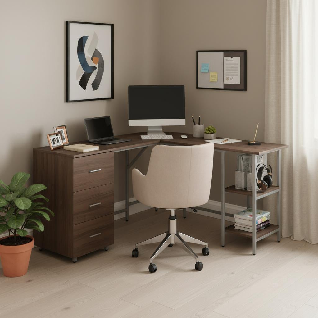 59" Walnut Wood and Stainless Steel L Shape Computer Desk With Three Drawers