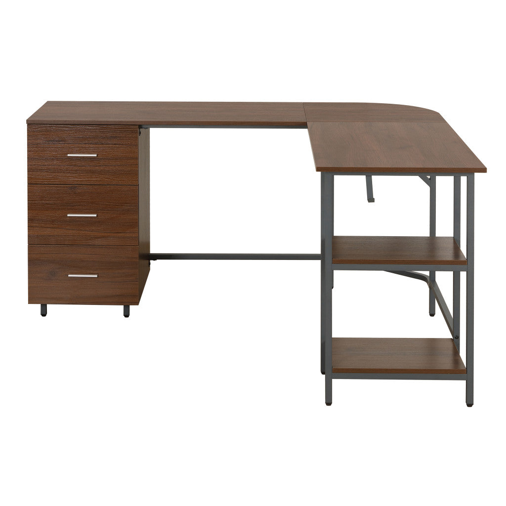 59" Walnut Wood and Stainless Steel L Shape Computer Desk With Three Drawers