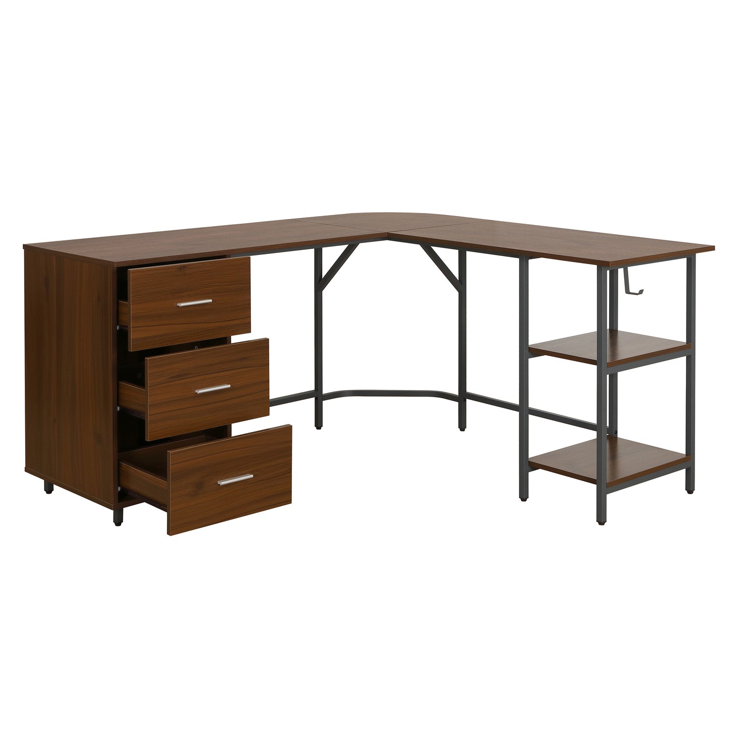 59" Walnut Wood and Stainless Steel L Shape Computer Desk With Three Drawers