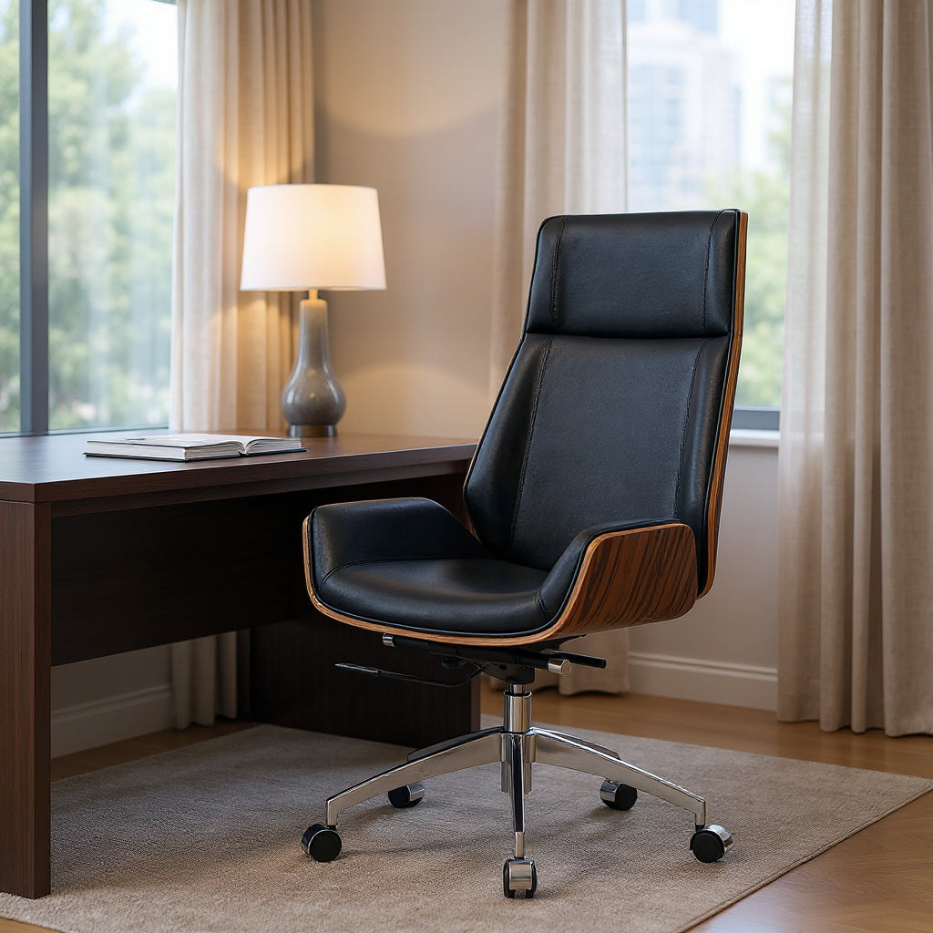 The Vanguard Elite High-Back Chair - Black Genuine Leather & Solid Rosewood