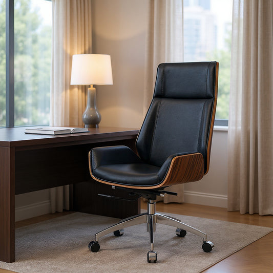 The Vanguard Elite High-Back Chair - Black Genuine Leather & Solid Rosewood