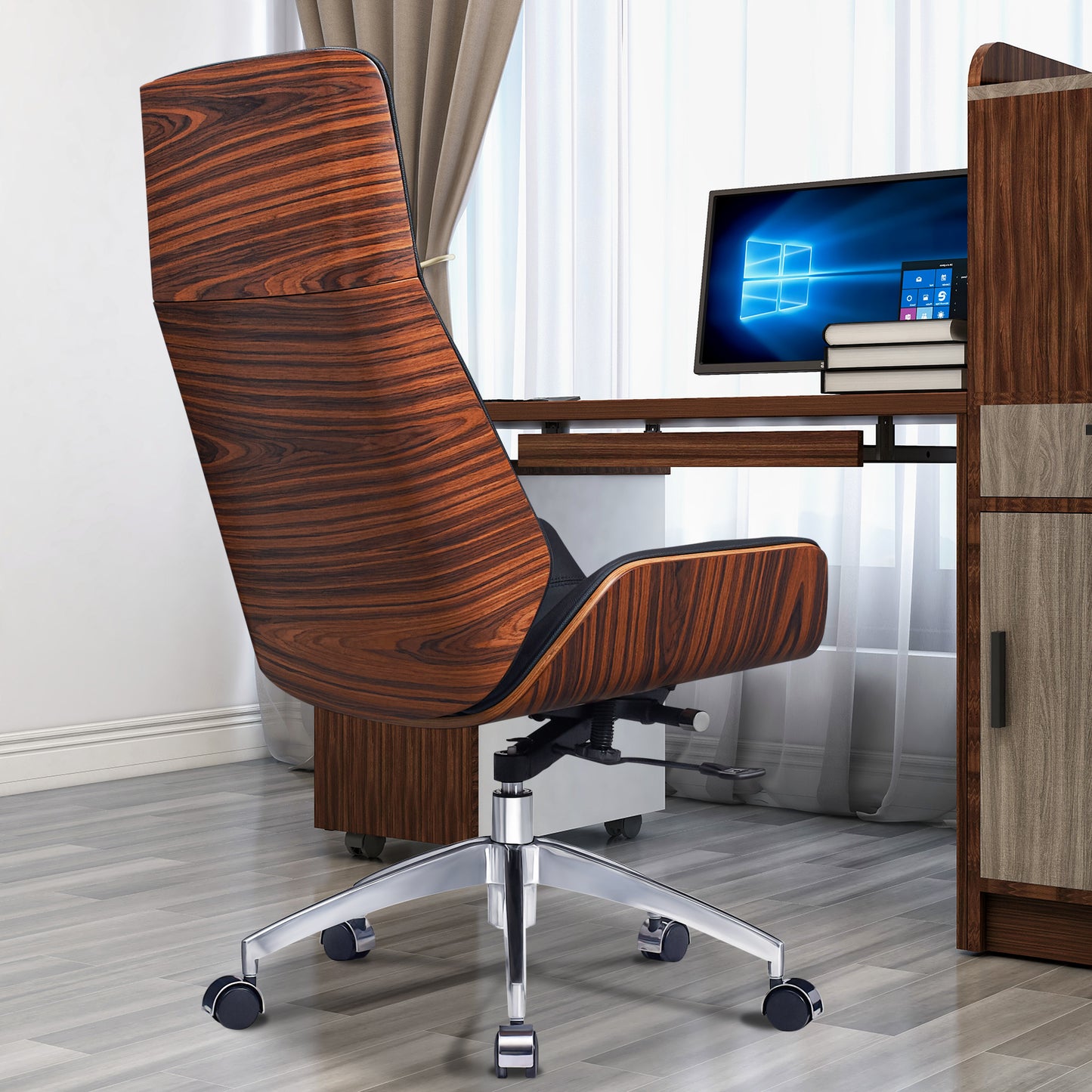 The Vanguard Elite High-Back Chair - Black Genuine Leather & Solid Rosewood